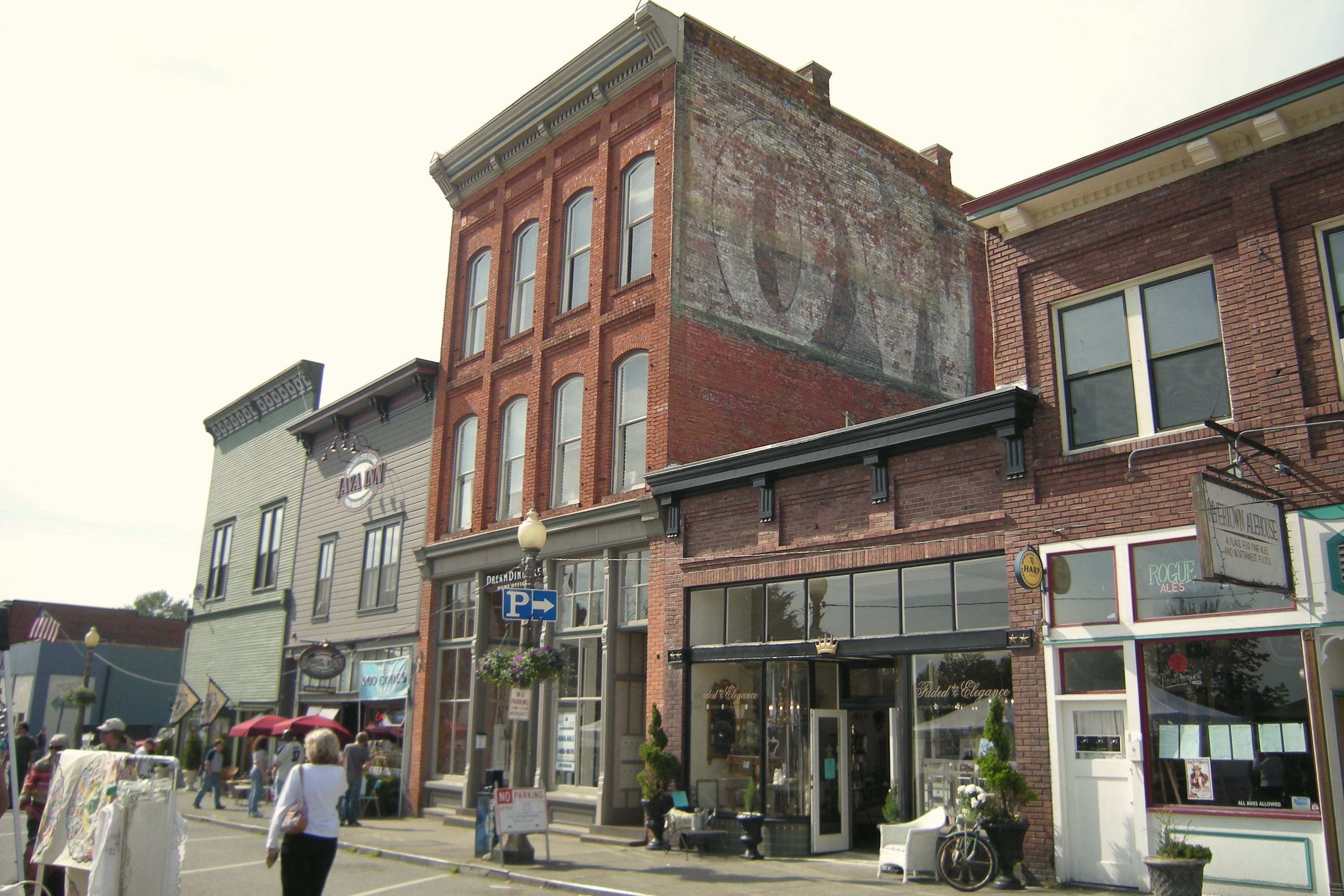 Historic brick storefronts along First Street in downtown Snohomish