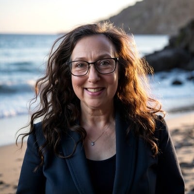 Teresa Barney, smiling, with long curly dark hair and glasses, in a navy blazer on a beach at sunset